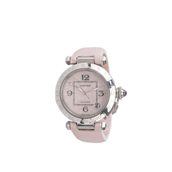 핑크 실버 파샤 GMT 오토매틱 가죽 시계 (35mm)